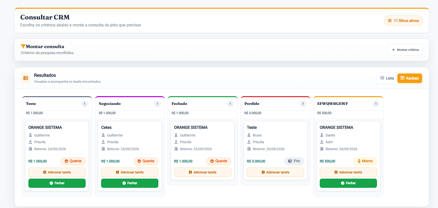Consulta de vendas em formato Kanban
