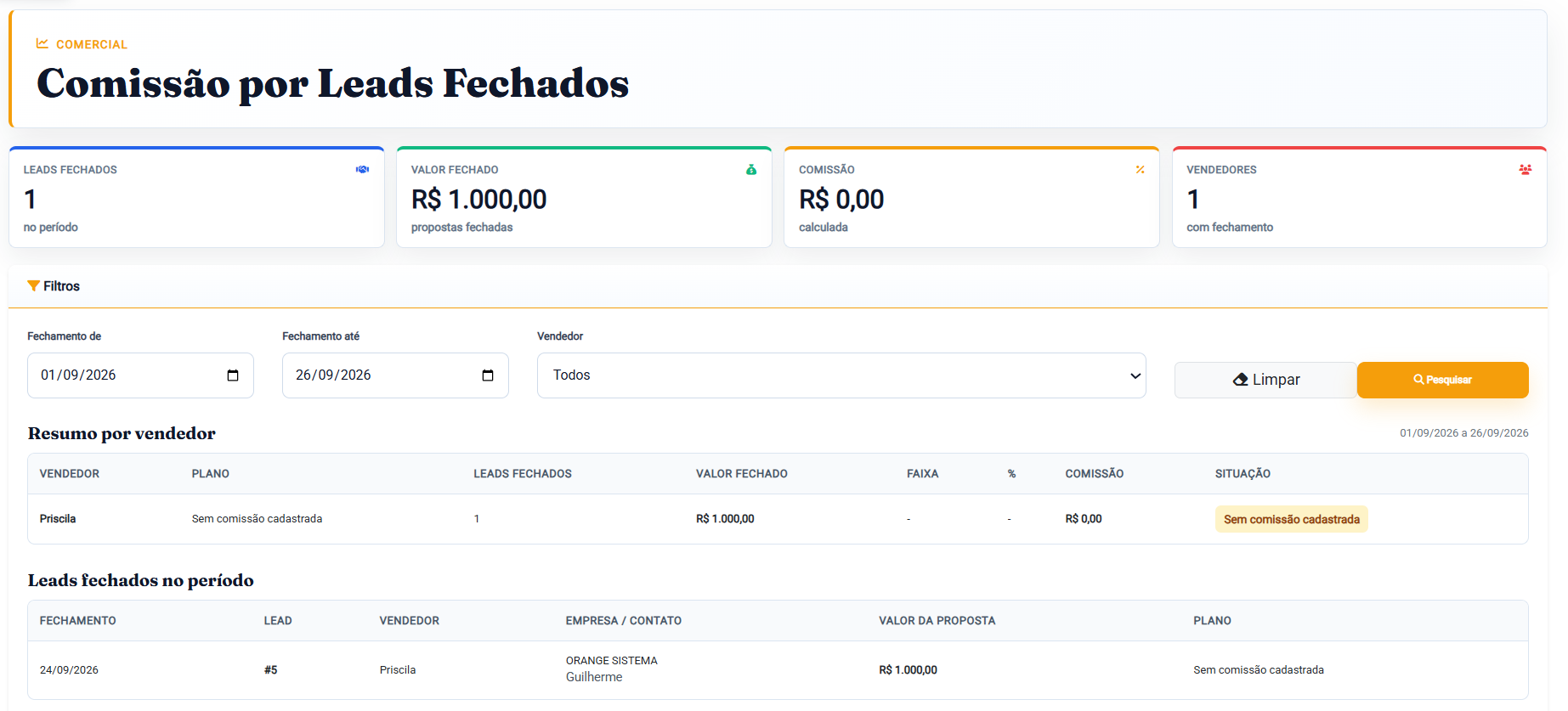 Relatório de comissão por leads fechados